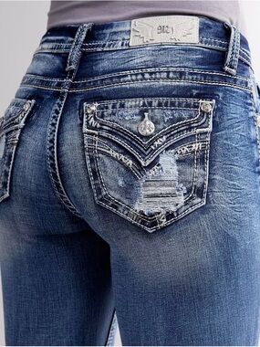 Miss Me Women's Faded Blue Skinny Jeans with Distressed & Embellished Pockets